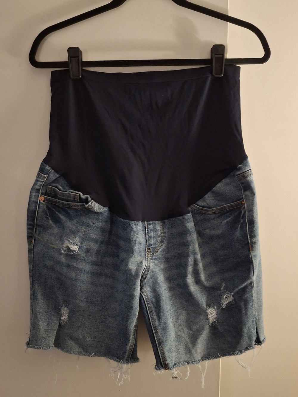 Time and Tru Women's Distressed Denim Maternity Shorts With Navy Panel